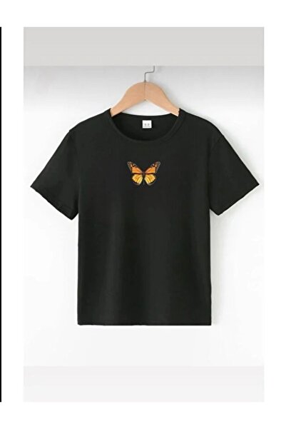 Pelna Children's Trend Model Black T Shirt Butterfly Printed Bisisklet Collar...
