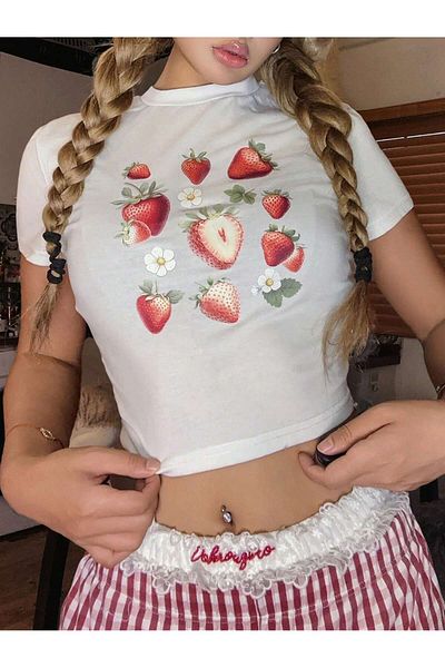 Bengi Clothing White Printed Women's Crop Top - Y2k Short Sleeve Blouse