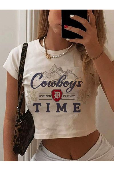 Bengi Clothing Λευκό εμπριμέ γυναικείο Crop Top - Y2k κοντομάνικη μπλούζα