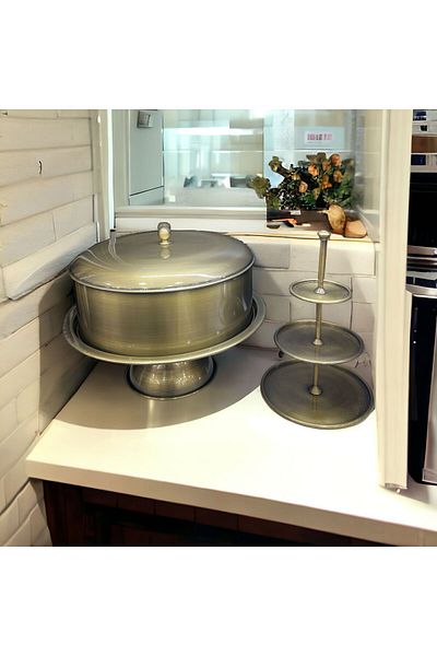 LUCKYHOMES Standing Cake Plate Gold Cake Jar and 3-Layer Snack Bowl, Cookie Holder