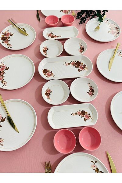 VENÜS HOME DECORATION Pink Rose Model 8-Person 19-Piece Breakfast Set