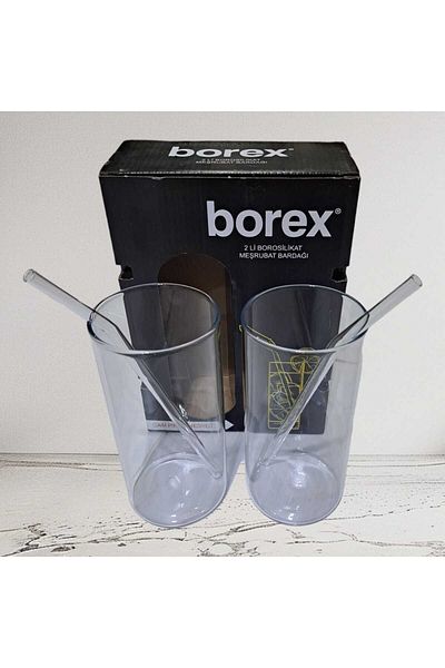 Natural Borex 450 Ml Borasilicate Glass Soft Drink Cup with Straw - 2 Pieces