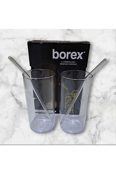 Natural Borex 450 Ml Borasilicate Glass Soft Drink Cup with Straw - 2 Pieces