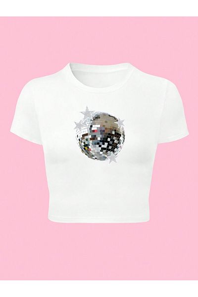 Bengi Clothing Λευκό εμπριμέ γυναικείο Crop Top - Y2k κοντομάνικη μπλούζα