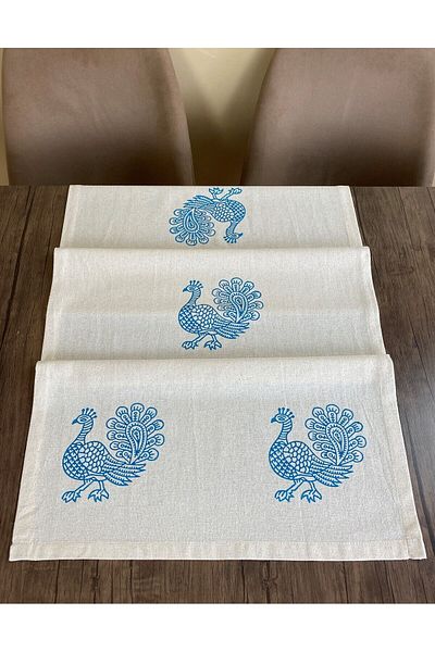 pamukidea Peacock Patterned Runner Wood Printed Stone Print Buldan Cotton Linen Cloth Fireplace with Ranir Bird - Bird