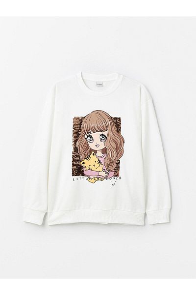 LC Waikiki LCW Kids Girls - Суитшърт с дълъг ръкав, щампа и кръгло деколте