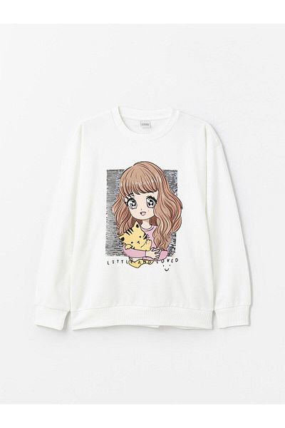 LC Waikiki LCW Kids Girls - Суитшърт с дълъг ръкав, щампа и кръгло деколте