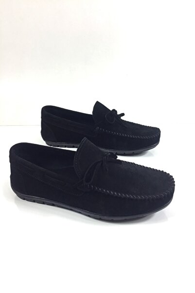 Tabak Deri Hakiki Deri Erkek Günlük, Hafif, Esnek ve Rahat Yazlık Bağcık Detaylı Süet Rok Babet - Siyah