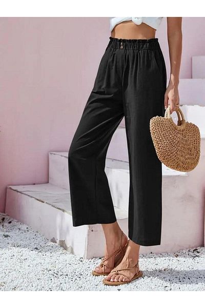 rengamoda Țesătură de in - Pantaloni de damă cu detaliu cu nasturi și talie elastică (culoare)