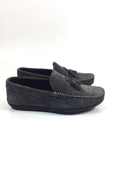 Tabak Deri Genuine Leather Men's Casual, Light, Flexible and Comfortable Summer Suede Ballerinas with Tassel Detail - Anthracite