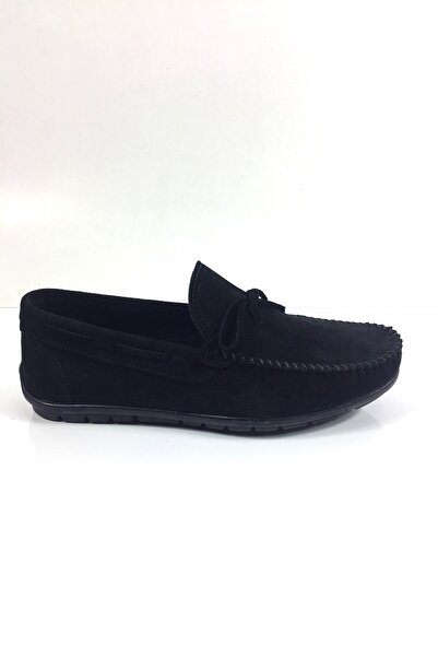 Tabak Deri Hakiki Deri Erkek Günlük, Hafif, Esnek ve Rahat Yazlık Bağcık Detaylı Süet Rok Babet - Siyah