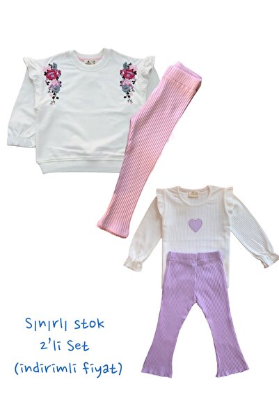 LİTTLE TORTOİSE Суитшърт и клин с бродирани волани и флорални мотиви за момич...