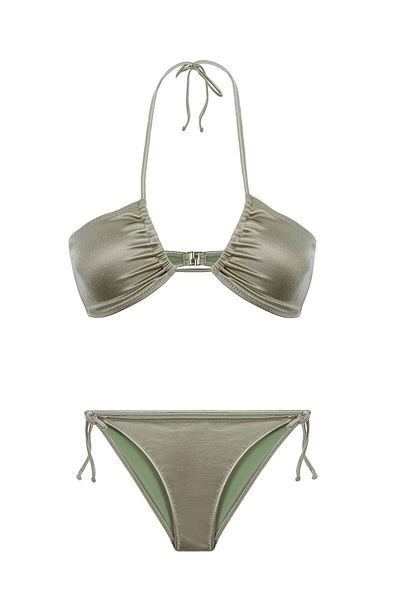 AQUELLA Σετ μπικίνι στράπλες σατέν Χακί Halter