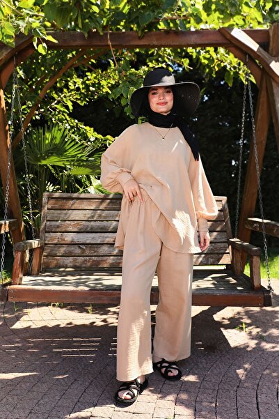 Moda Lippa طقم موسلين كاجوال باللون البيج