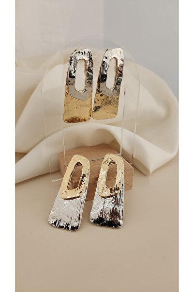 Momos Şık Tasarım Çivili Sallantılı Gümüş ve Altın Detaylı Paslanmaz Çelik Küpe