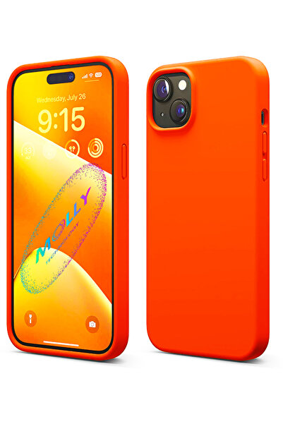 Molly iPhone 14 İçin Neon Turuncu Liquid İçi Kadife Silikon Kılıf