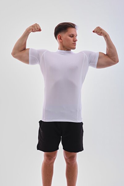 YHM Erkek Spor Tişört Compression Slim Fit Süper Esnek Body Beyaz