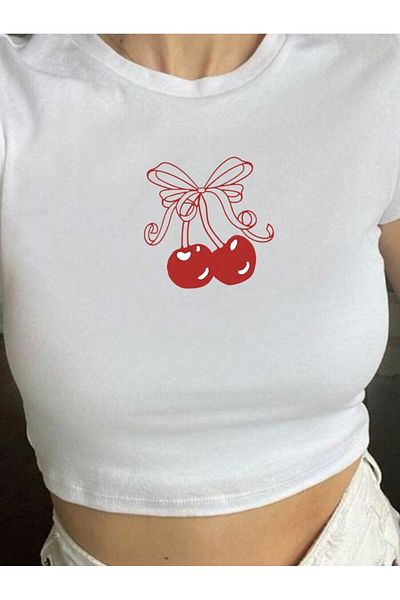 Bengi Clothing Λευκό εμπριμέ γυναικείο Crop Top - Y2k κοντομάνικη μπλούζα