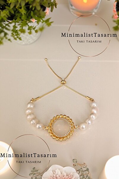 MinimalistTasarım Gerçek incili çeyrekli bileklik, Asansörlü bileklik, İncili altın bileklik, Çeyrek altın bileklik