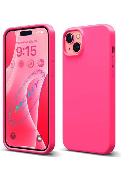 Molly iPhone 14 İçin Neon Pembe Liquid İçi Kadife Silikon Kılıf
