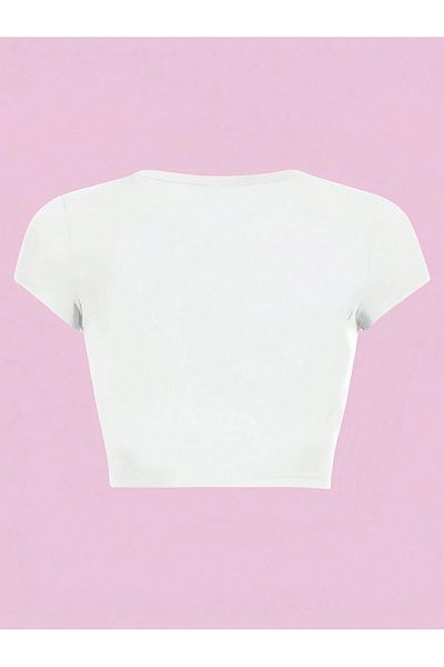 Bengi Clothing Λευκό εμπριμέ γυναικείο Crop Top - Y2k κοντομάνικη μπλούζα