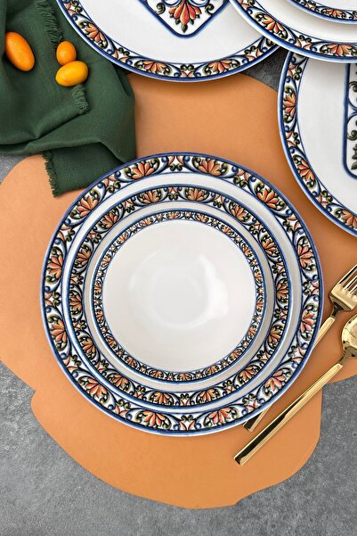 porselenden Verde 24 Parça 6 Kişilik Özel Tasarım Dokulu Mavi Desenli Premium Porselen Yemek Takımı