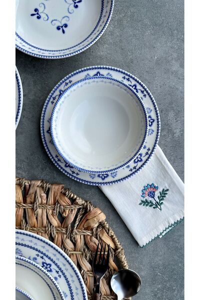 porselenden Blue blanc 24 Parça 6 Kişilik Porselen Yemek Takımı Vintage Mavi Çiçek Desenli