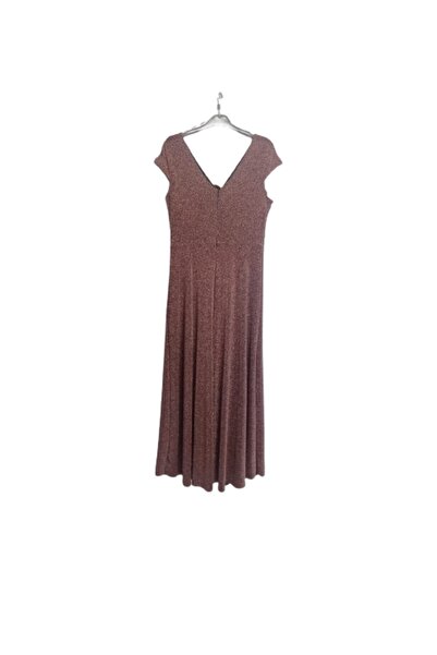 ZY BUTİK Gold Color V-neck Short Sleeve A-line Plus Size Evening Dress