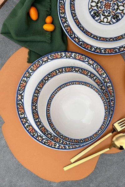 porselenden Verde 24 Parça 6 Kişilik Özel Tasarım Dokulu Mavi Desenli Premium Porselen Yemek Takımı