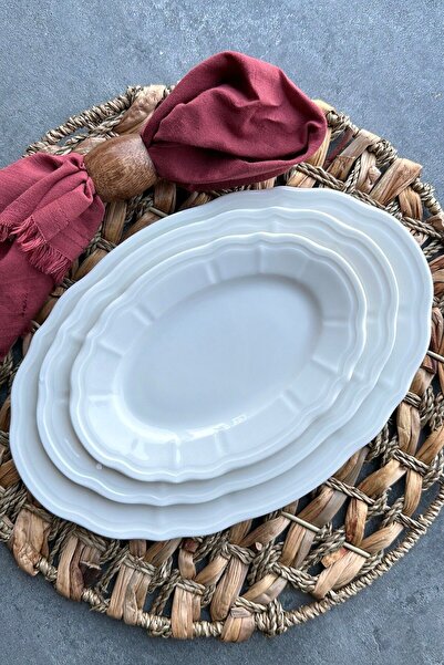 porselenden Perla Cream Premium Porcelain Presentation Boat Plate Set - 2 Pieces, 25 cm Medium Size