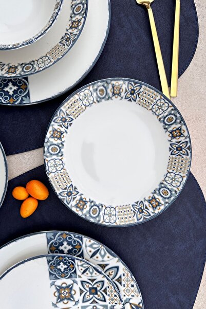 porselenden Leon 24 Parça 6 Kişilik Özel Tasarım Dokulu Mavi Desenli Premium Porselen Yemek Takımı