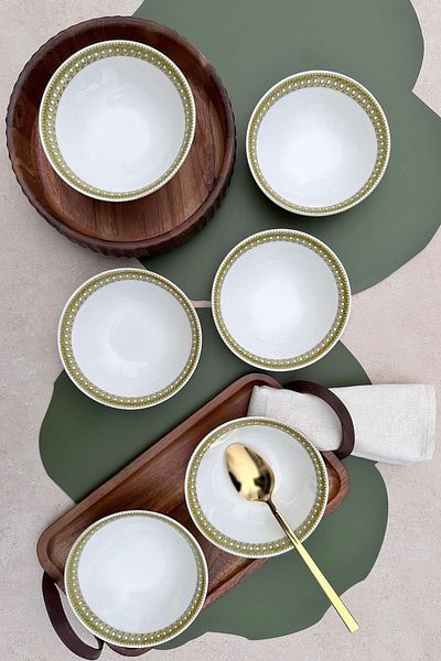 porselenden Oliver Premium Porcelain 6-Person Green Olive Patterned 14 CM Soup Bowl Set