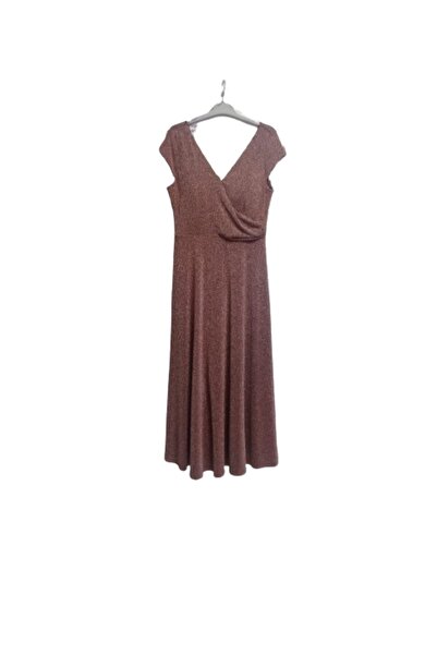 ZY BUTİK Gold Color V-neck Short Sleeve A-line Plus Size Evening Dress