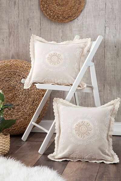 Calke Set de 2 fete de pernă din dantelă și broderie Lenjerie de lucru Buldan autentică