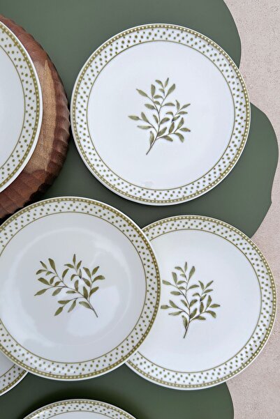 porselenden Oliver Premium Porselen 6 kişilik 19 cm Yeşil Zeytindalı Desenli Pasta Tabağı Takımı