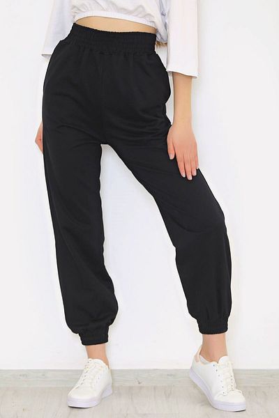 trendalisse Pantaloni de sport de damă negri cu buzunar, cu talie și picioare elastice