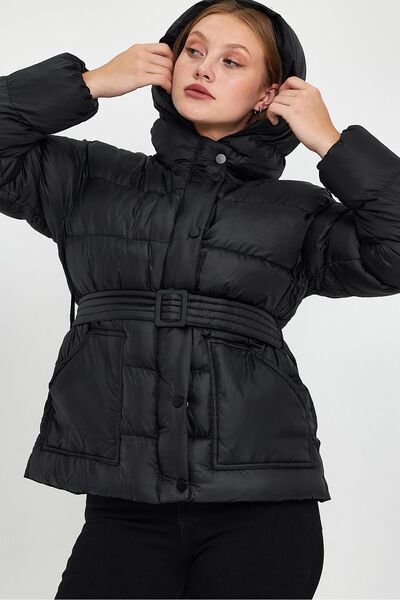 trendalisse Palton negru de damă cu glugă și curea, cu umplutură