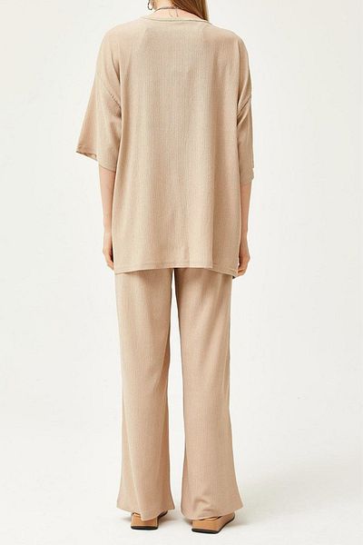 trendalisse Set kimono pentru femei de culoare piatră - Set de top Palazzo cu picioare late