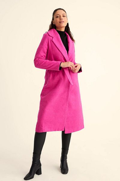 trendalisse Women's Fuchsia Belted Lined Long Cashmere Coat
