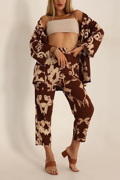 trendalisse Women's Coffee Color Patterned Kimono Bottom Top Set