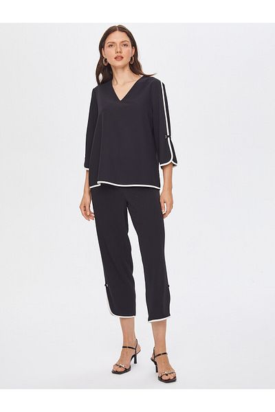 Faik Sönmez Μπλούζα Color Block V-Neck 69135 - Λεπτομερής Αξεσουάρ Μανίκι