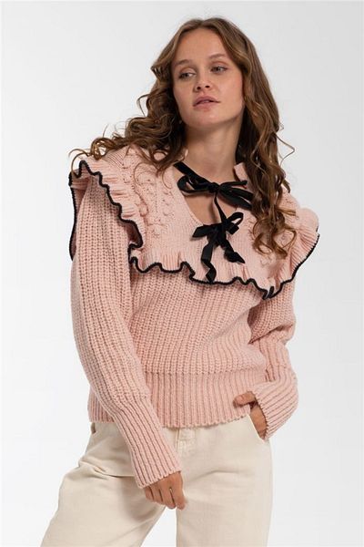 hillswomanstore Дамски плетен пуловер с волани Selanik, цвят пудра