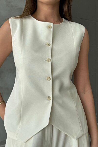 trendalisse Carine Crew Neck Buttoned Women's Woven Vest