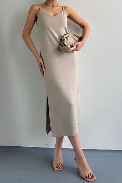 trendalisse Rochie de vară midi bej - curea de frânghie, decolteu în V