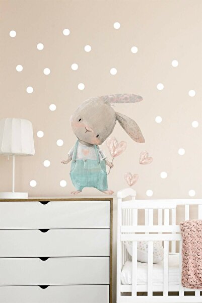 KT Decor Cute Heart Rabbit in Blue Overalls Wall Sticker Set