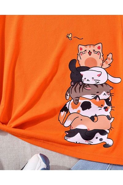 YUNAYT Tricou pentru copii cu imprimeu Orange Naughty Cats