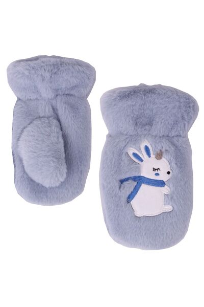 İşnar Peluş Çocuk Eldiven 2-4 Yaş Tavşan İşlemeli Mavi Renk Parmaksız Model 0060