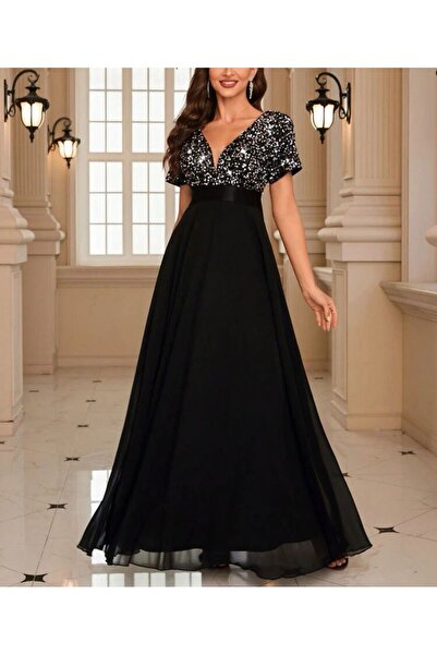 Styling Park Üstü Payet Eteği Şifon Kısa Kollu Maxi Abiye Elbise