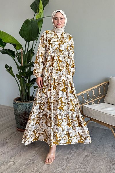 InStyle Olejově zelená viskóza - tropické šaty s balonovým rukávem