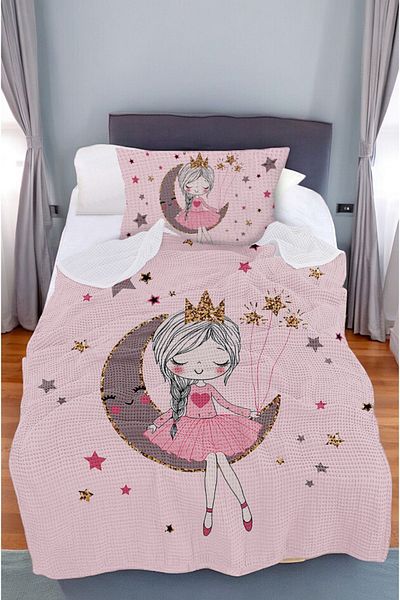 CAPRİCE HALI Cute Girl Sitting on the Moon Princess Patterned Single Pique (with Pillow Case)